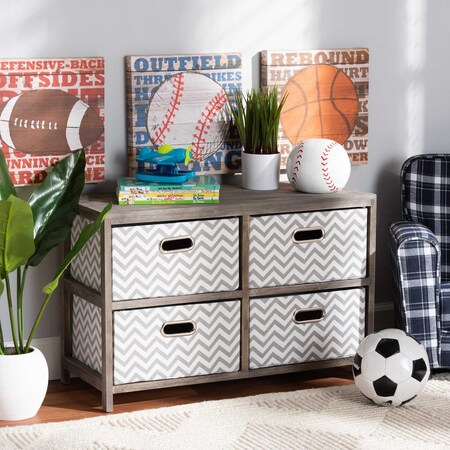 Baxton Studio Jorah ModernGrey and White Fabric Upholstered Greywashed Wood 4-Basket Storage Unit 198-12288-ZORO